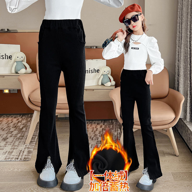 女童加绒开叉喇叭裤2025年秋冬新款中大童纯色修身微喇裤春秋长裤，童装裤子，祺儿童装
