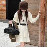 女童2025年春秋新款洋气口袋法式毛衣裙女大童腰带一体针织毛毛裙，童装毛衣，祺儿童装