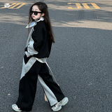 女童加绒运动套装2025年秋冬新款中大童撞色卫衣阔腿裤两件套洋气，童装休闲套装，祺儿童装