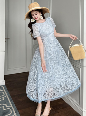 2025夏季新款法式气质蓝色蕾丝连衣裙夏掐腰度假大摆长裙女45156