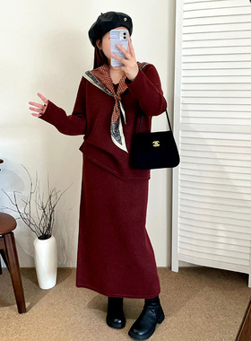 乃粒大码女装v领上衣女半裙两件套2025冬款胖mm休闲针织套装23133