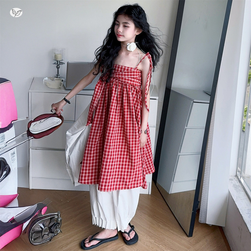 女童连衣裙2025新款夏季格子抹胸裙中大童吊带裙叠穿灯笼裤子套装，童装休闲套装，祺儿童装