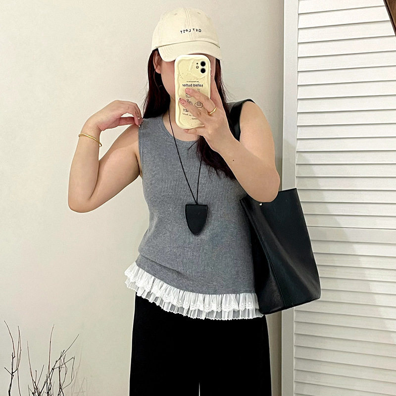 大码外穿内搭背心女拼接花边无袖上衣2025秋胖mm针织衫23150乃粒