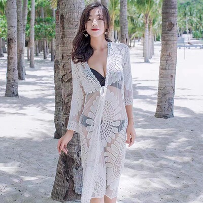 White Strap Bohemian Dress Women's summer bikini cover蕾丝裙