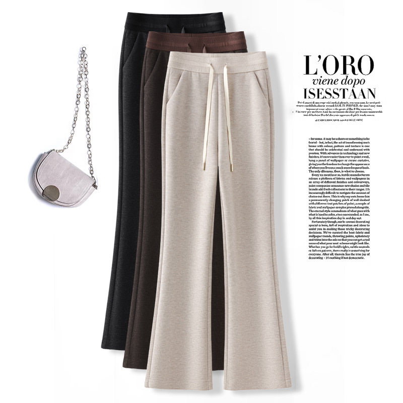 女款小个子绵羊毛呢微喇裤新款腰显瘦时尚休闲松紧腰喇叭裤子正品