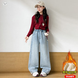 女童加绒牛仔裤2025年秋冬新款中大童纯色休闲直筒裤窄版阔腿长裤，童装裤子，祺儿童装