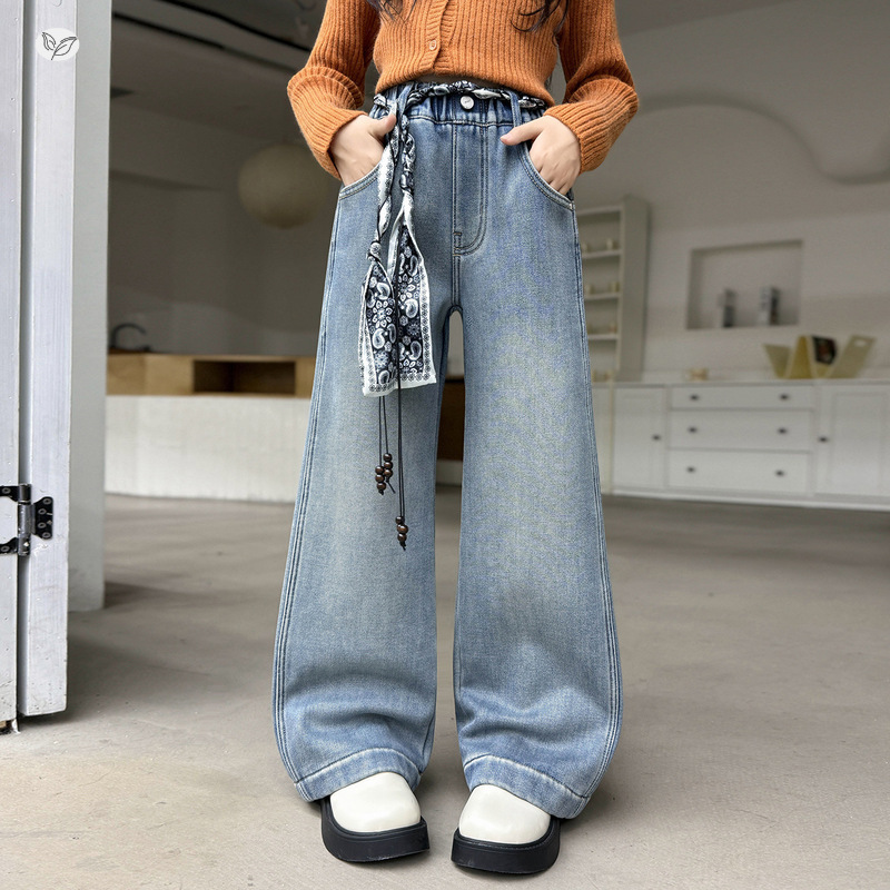 女童2025冬季新款时尚拼接牛仔一体绒阔腿裤女大童户外保暖直筒裤，童装裤子，祺儿童装