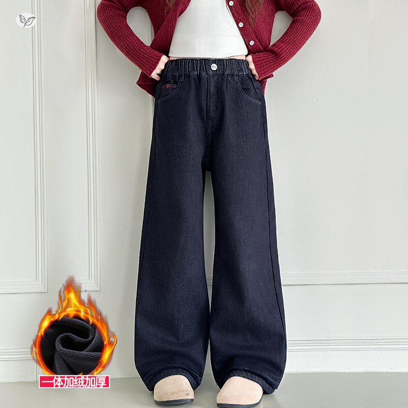 女童加绒阔腿裤2025秋冬新款后袋刺绣丹宁蓝牛仔裤中大童直筒长裤，童装裤子，祺儿童装