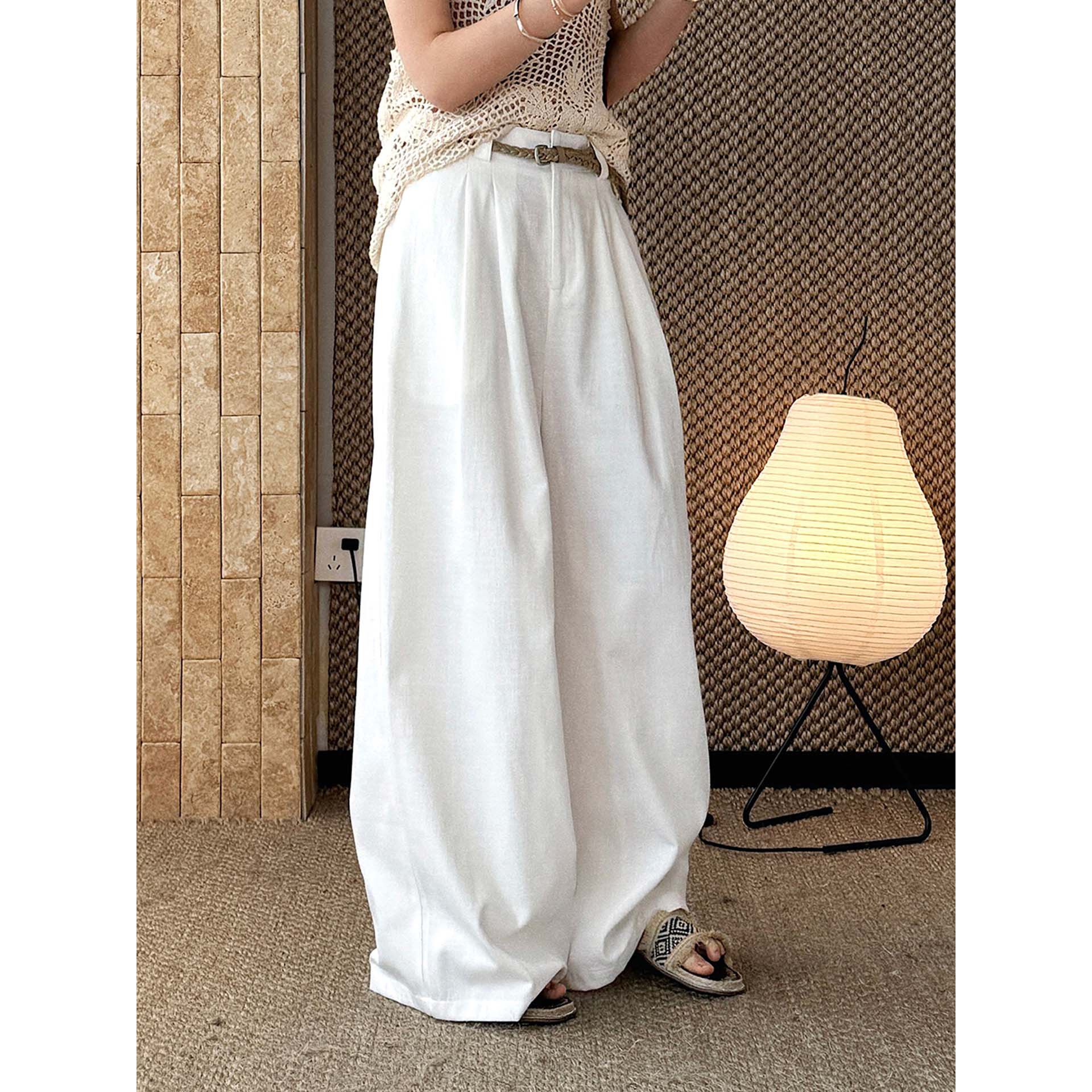 卢浮春夏新款韩系复古老钱风配编织腰带棉麻休闲裤宽松廓形长裤女