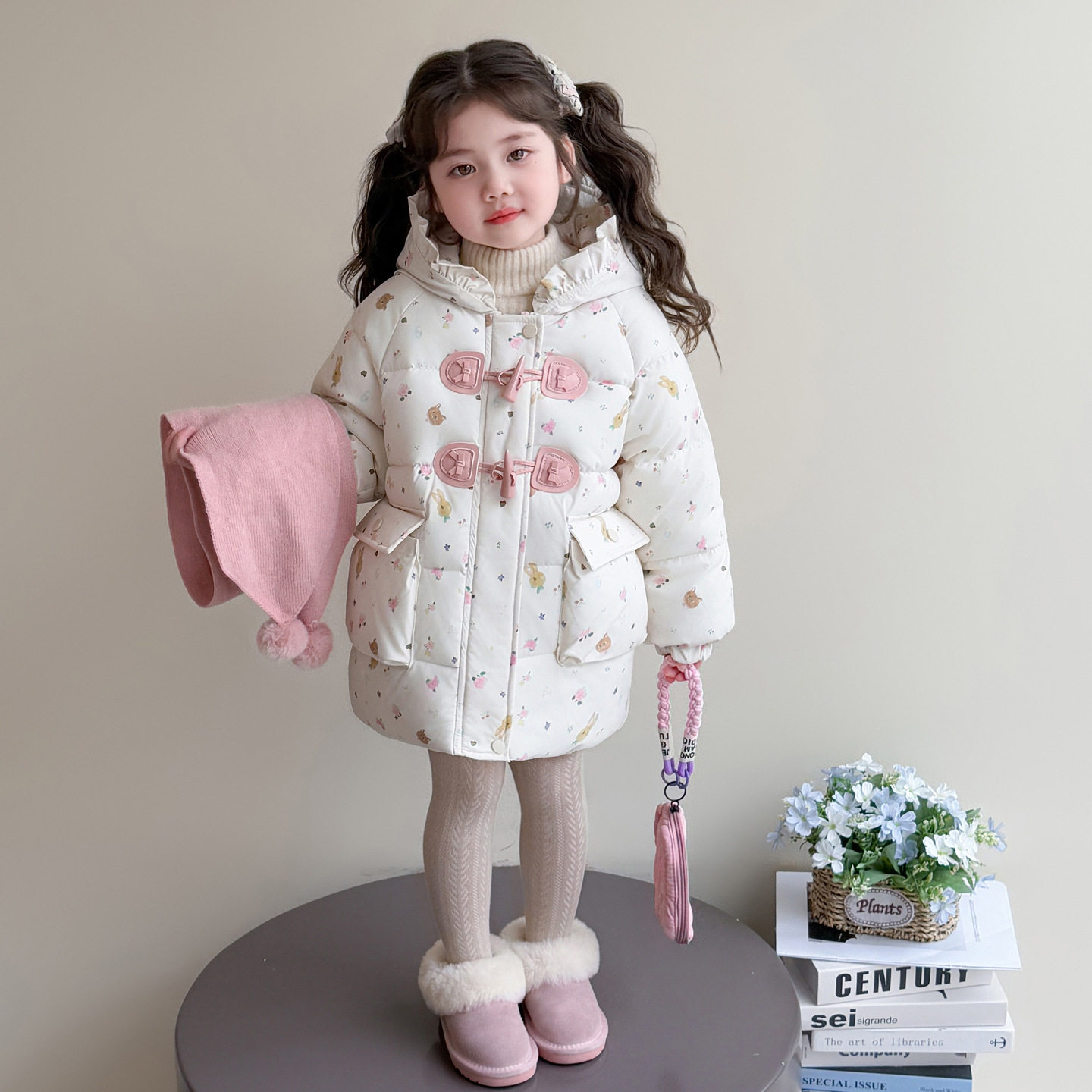 女小童牛角扣棉服冬季2025新款韩版洋气女中长款加绒加厚外套P115，童装棉衣，祺妙童装