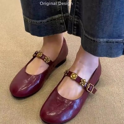 41到43品牌大码女鞋玛丽珍鞋一字带平底芭蕾舞鞋低跟小皮鞋英伦风