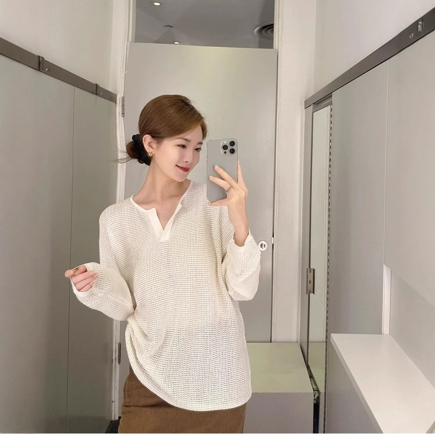 早秋之禾爆款混纺小V领镂空套头薄款针织衫防晒空调衫上衣女