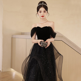 晚礼服黑色2025新款小个子气质显瘦晚宴年会主持人轻奢小众连衣裙
