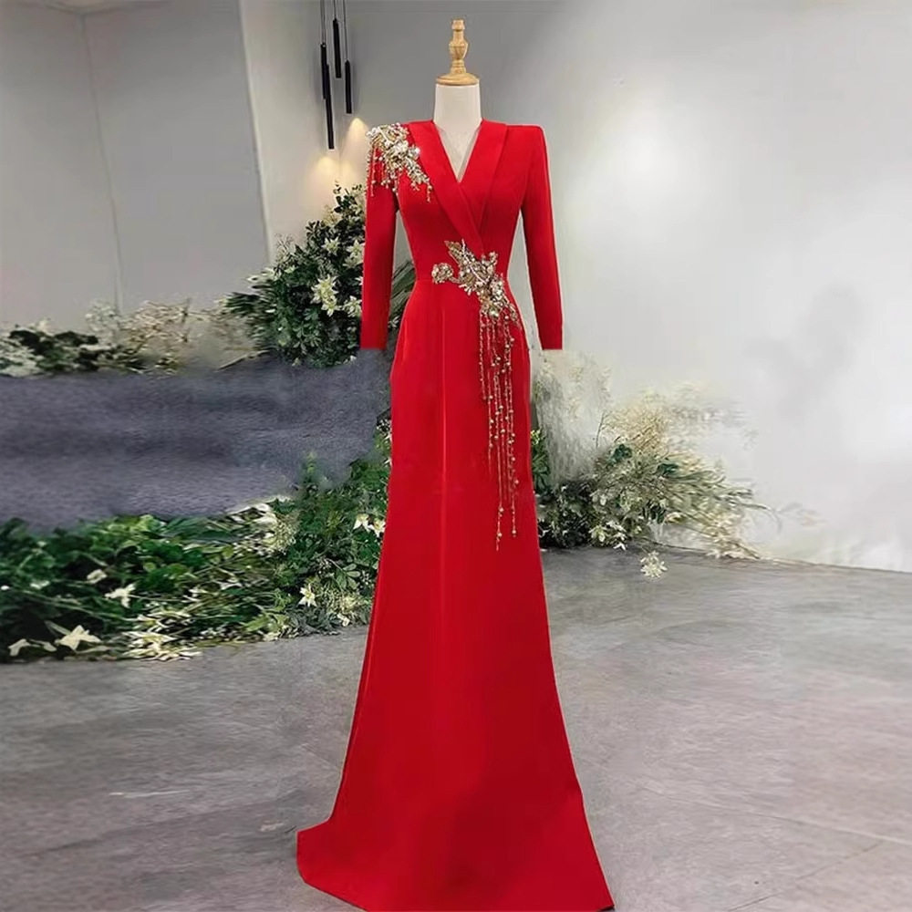 年会主持人礼服女2026新款红色长袖声乐艺考晚礼服裙大合唱团演出