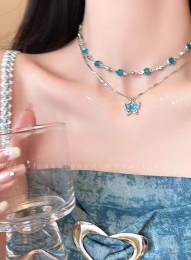 海洋色原创夏日清凉感双层蝴蝶项链配饰女轻奢小众锁骨链颈链