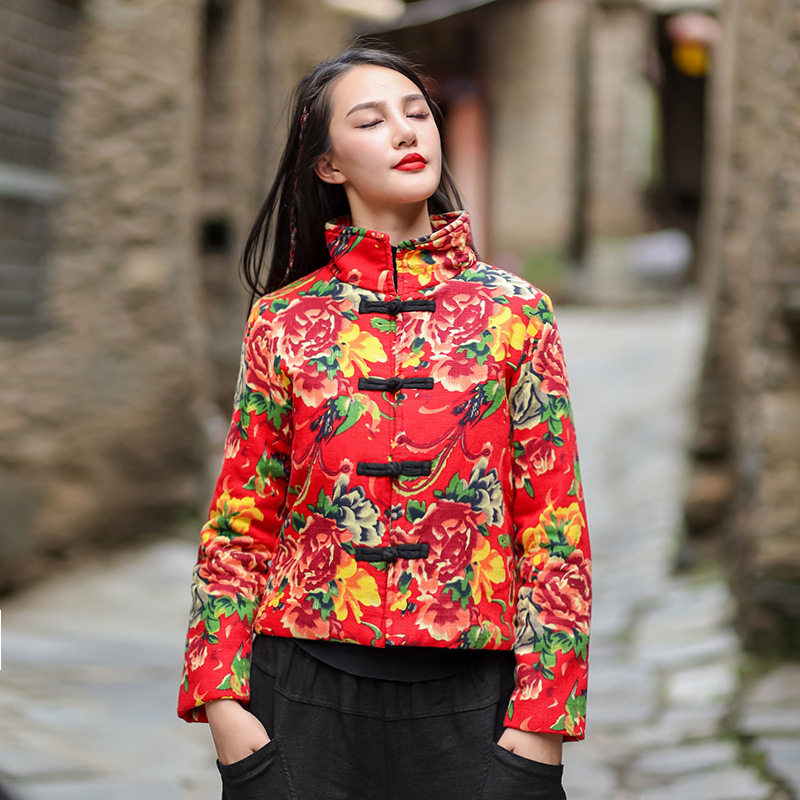 短款棉衣女2025初春新款民族风牡丹花个性休闲立领保暖棉服外套