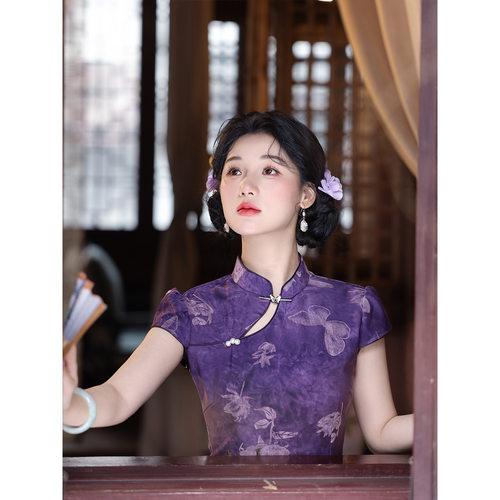 新中式紫色旗袍女2026新款夏国风立领短袖修身日常可穿改良连衣裙