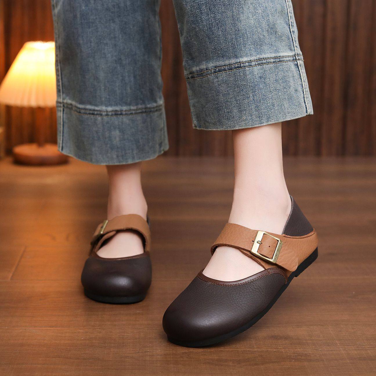 头层牛皮勃肯鞋女2026春季新款复古丑萌软皮平底单鞋圆头玛丽珍鞋,女鞋,时尚休闲鞋,淘宝优惠券,粉丝福利购,淘宝优惠卷