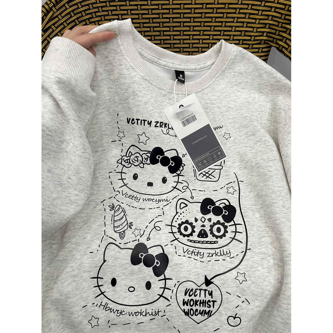 优质kitty猫咪卡通可爱oversize设计感无帽圆领加绒女式学生卫衣
