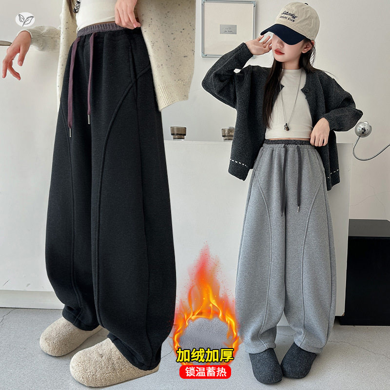 女童加绒卫裤2025年秋冬新款拼腰阔腿裤中大童休闲弯刀裤外出长裤，童装裤子，祺儿童装