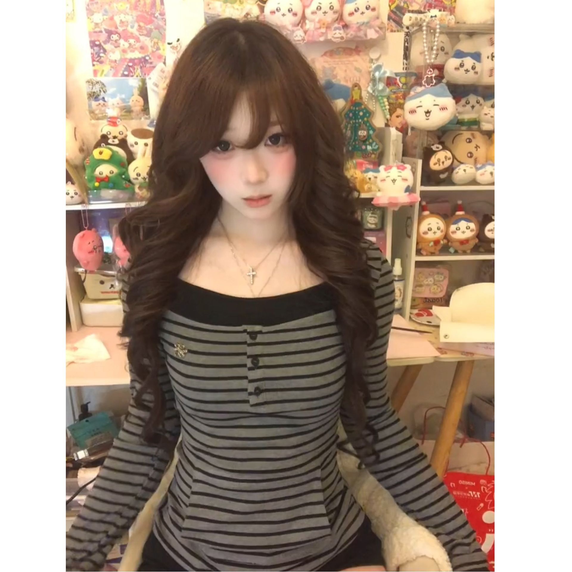 假两件条纹连帽长袖休闲T恤女款春秋显瘦修身甜辣妹挂脖小众上衣