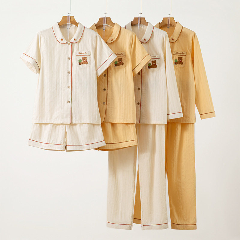 女款春夏纯棉短袖短裤家居服长袖长裤开衫睡衣初高中学生室内套装