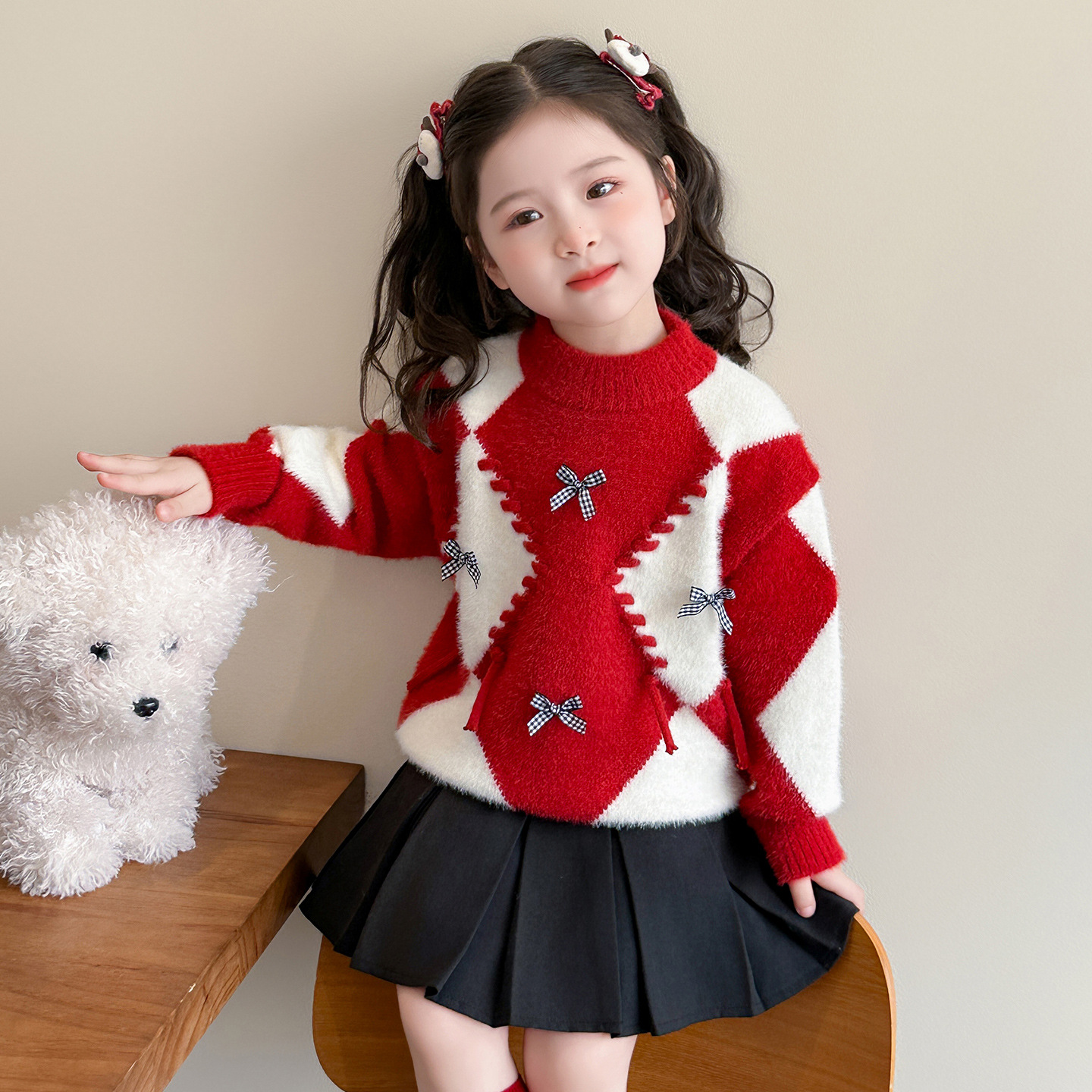 女童蝴蝶结毛衣秋冬季2025新款女洋气加厚保暖冬装针织打底衫P71，童装毛衣，祺妙童装