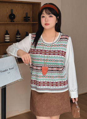 大码女装复古设计感拼接长袖上衣2025春胖mm休闲针织衫22903乃粒