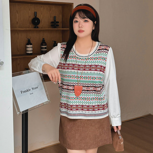 大码女装复古设计感拼接长袖上衣2025春胖mm休闲针织衫22903乃粒