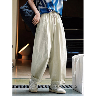 卢浮夏季新款日系慵懒弧形阔腿休闲裤宽松显瘦腰防晒长裤女薄