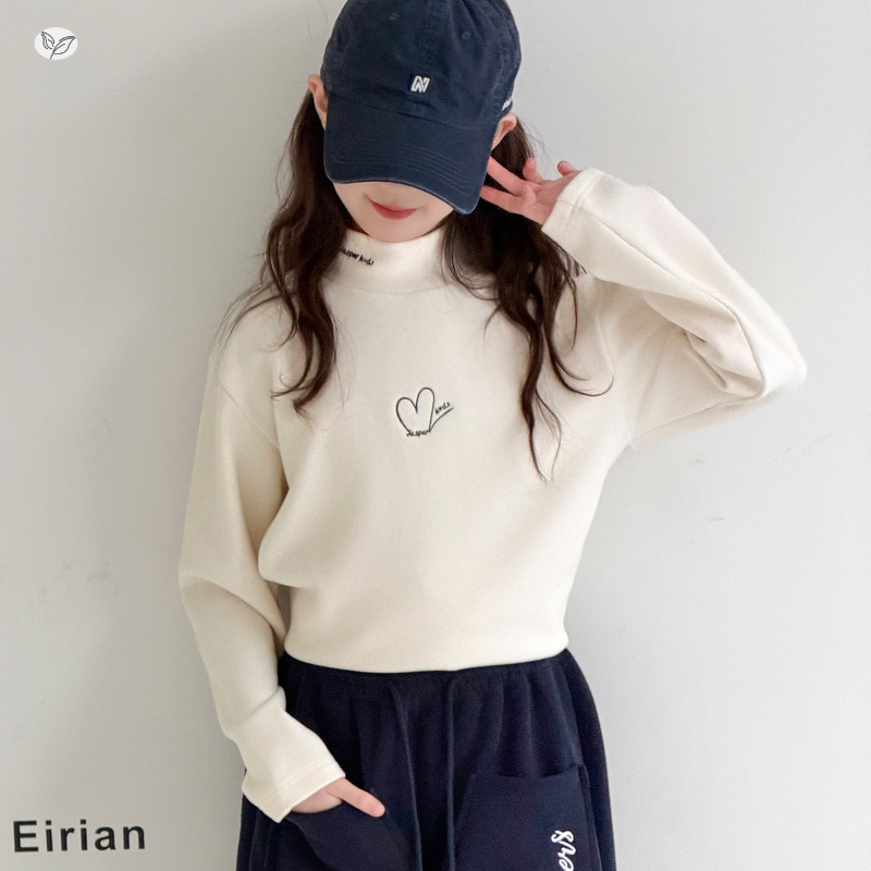 女童2025年秋冬新款简笔爱心刺绣双面慕斯绒打底衫女大童冬季加绒，童装卫衣/绒衫，祺儿童装