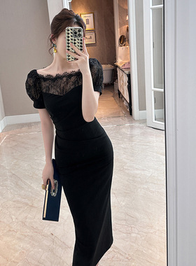 法式一字领蕾丝拼接腰褶皱显瘦小黑裙赫本风设计感连衣裙21687