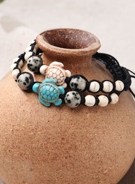 欧美跨境白松石速卖通波西米亚乌龟复古绿松石串珠情侣编织绳手链