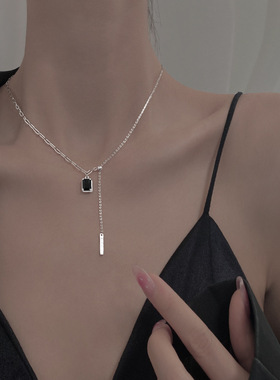 超酷黑色方牌项个性冷淡风黑钻流苏拼接可颈链锁骨链饰品项链女