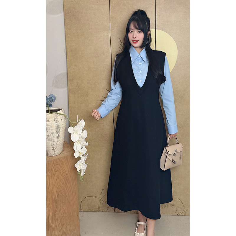 大小思 假两件大码连衣裙女春秋季2025新款微胖大码显瘦长袖裙子