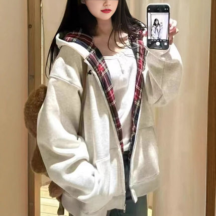 美式复古格子连帽卫衣女秋冬上衣加绒加厚宽松慵懒风开衫拉链外套