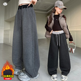 女童加绒卫裤2025年秋冬新款腰口撞色直筒裤中大童休闲阔腿裤长裤，童装裤子，祺儿童装