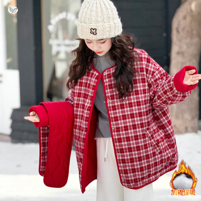 女童夹棉加厚棉袄2025年冬季新款格子拼接双面穿外套中大童新年服，童装棉衣，祺儿童装