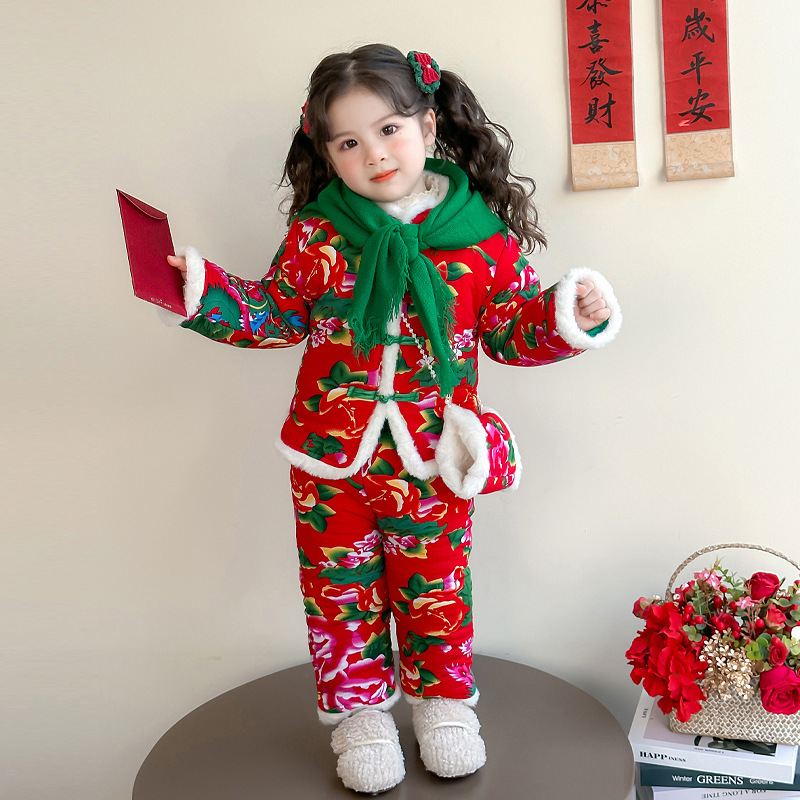 女小童东北大花棉袄套装冬季儿童过年棉服冬装民族风夹棉加厚套装，童装休闲套装，祺妙童装