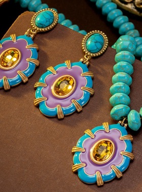 中古vintage蓝色珐琅串珠松石项链耳钉华丽夸张时尚复古毛衣链