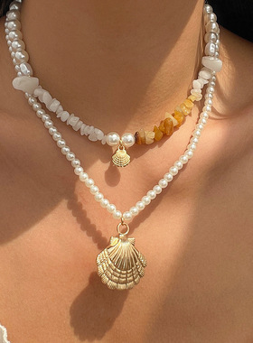 欧美跨境饰品 串珠贝壳海洋风复古项链 碎石巴洛克仿珍珠necklace