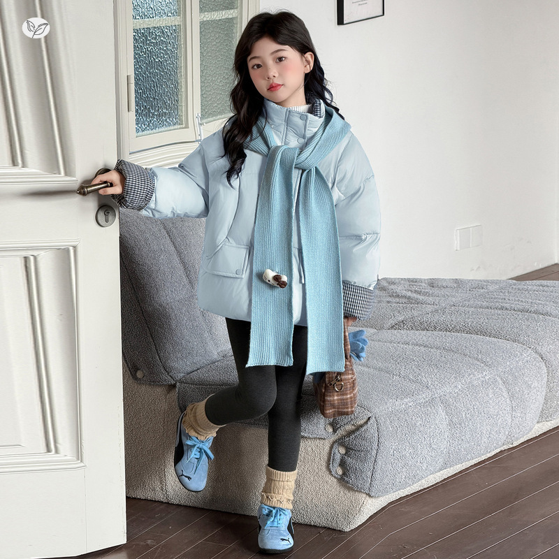 女童2025年冬季新款围巾立领棉服女大童韩版简约面包服户外加厚潮，童装棉衣，祺儿童装