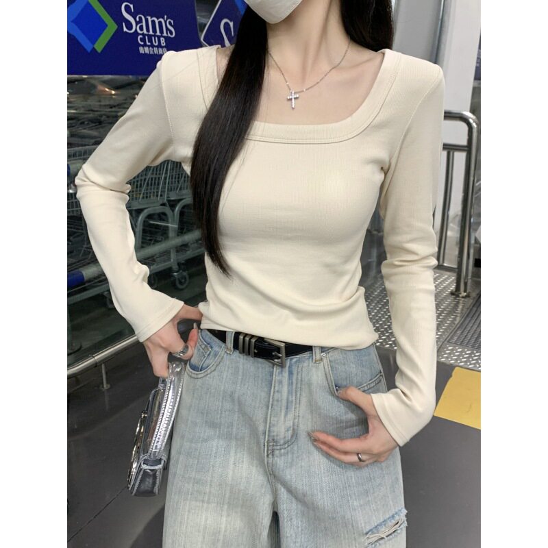 纯色方领正肩打底衫女2025春T恤