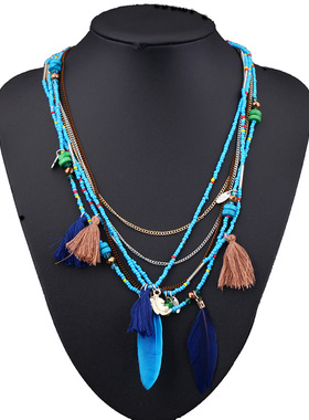 波西米亚多层项链手工串珠羽毛小流苏毛衣链树脂米珠旅游饰品