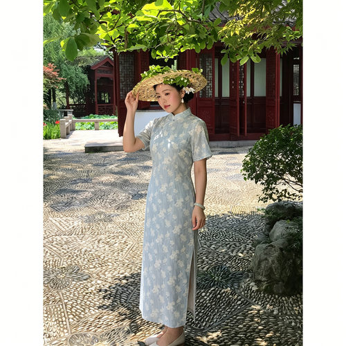 国风中式改良裙蓝色碎花收腰旗袍