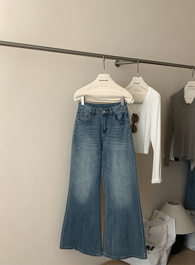 2026春不贴腿喇叭裤高腰阔腿微喇水洗牛仔裤女显瘦筒喇拖地裤0689