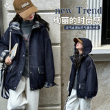 女童加厚牛仔外套秋冬2025年新款格子拼接连帽夹克衫冬款外出上衣，童装外套，祺儿童装