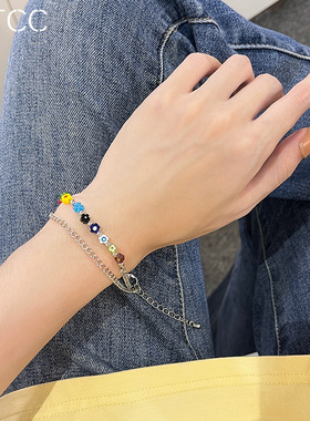 彩色琉璃小花朵手链ins小众设计2022新款潮女生闺蜜简约双层A146