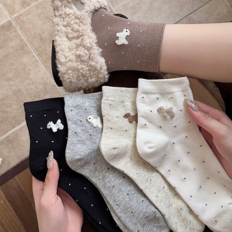 袜子女秋冬卡通腊肠小狗刺绣波点中筒袜