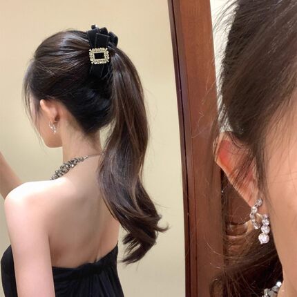 韩国东大门方钻丝绒蝴蝶结香蕉夹女马尾竖夹级感发夹头饰发饰